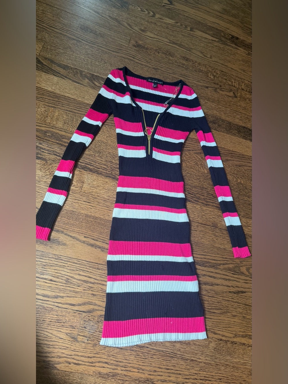 Derek Heart Striped Ribbed V-Neck Dress in Pink, Black & White